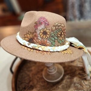 Hand Burned And Colored Hat with Rooster and Sunflower Design